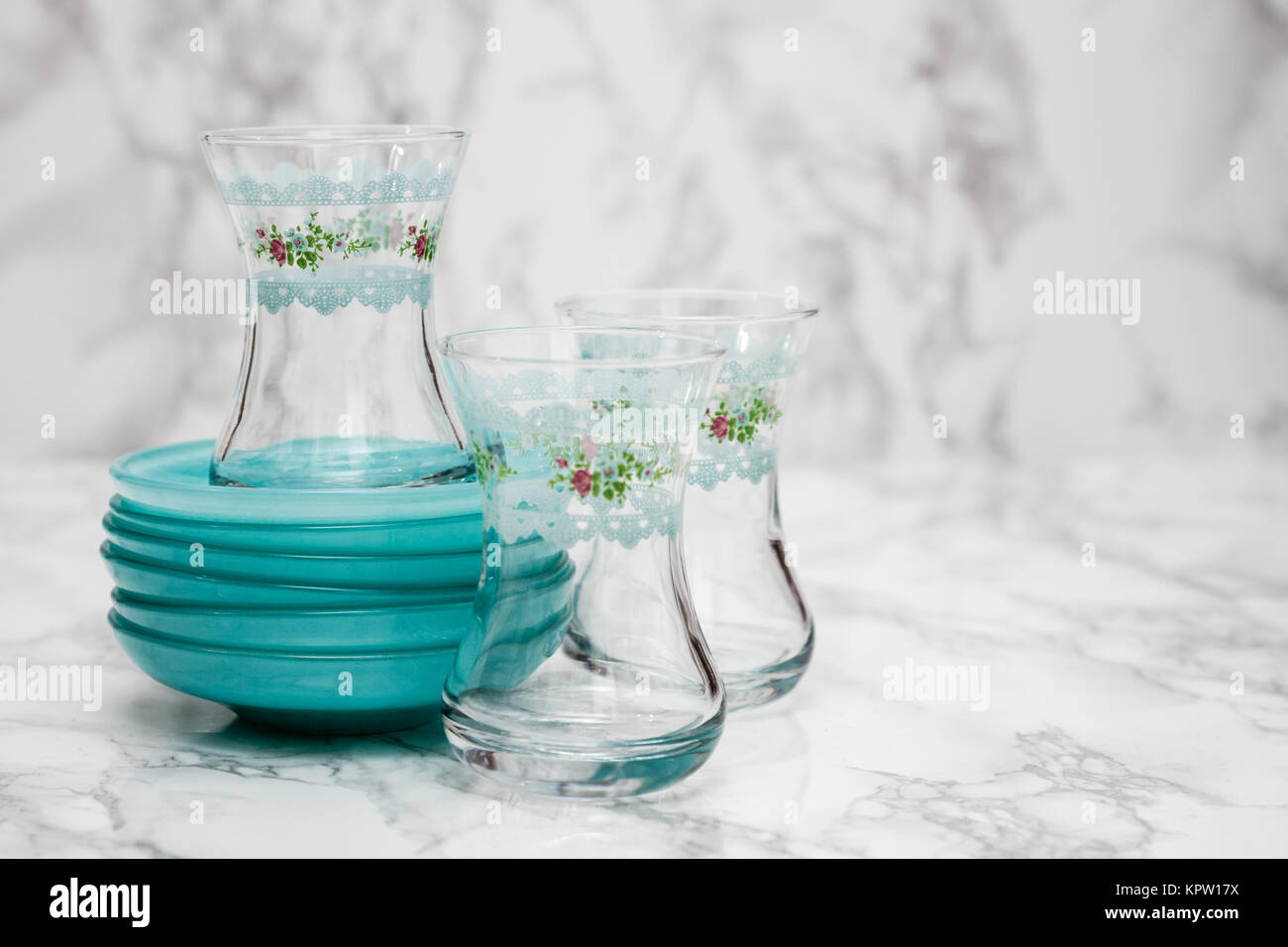 Traditional Green Turkish Tea Glasses and Plates Stock Photo Alamy