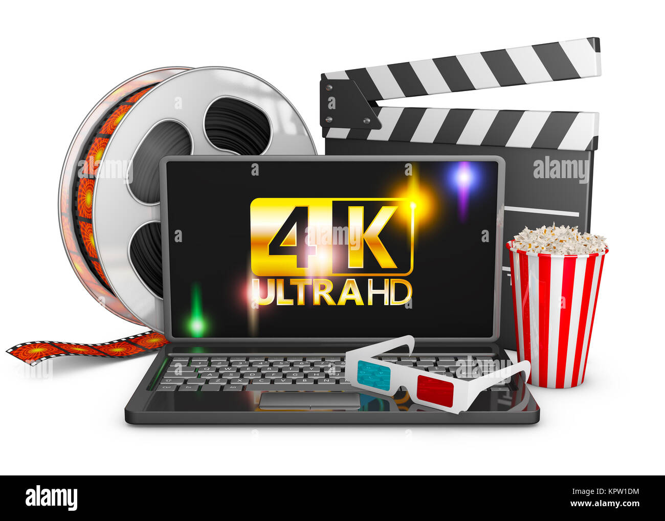 4K laptop, popcorn and film strip Stock Photo