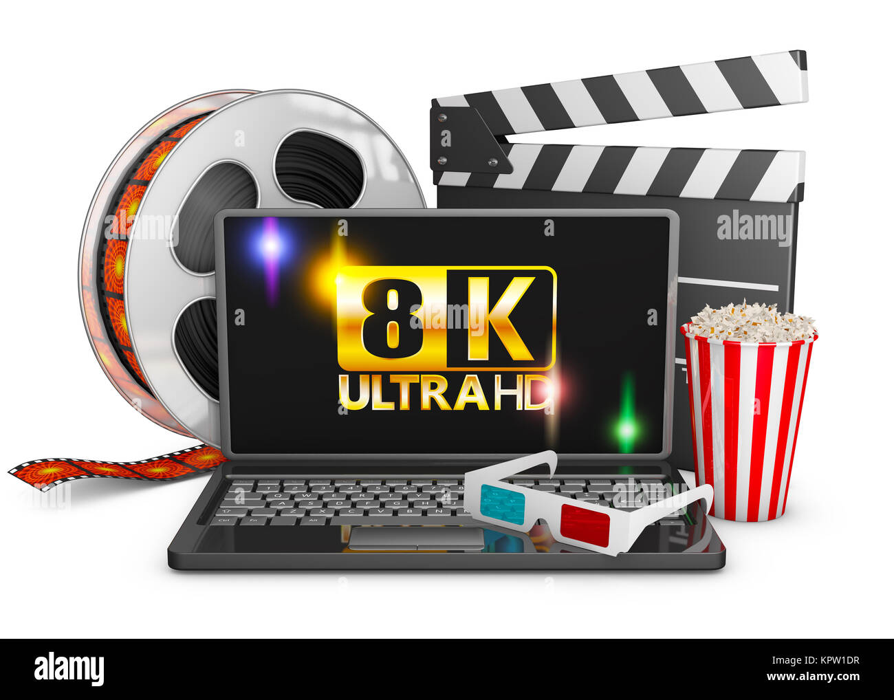 8K laptop, popcorn and film strip Stock Photo