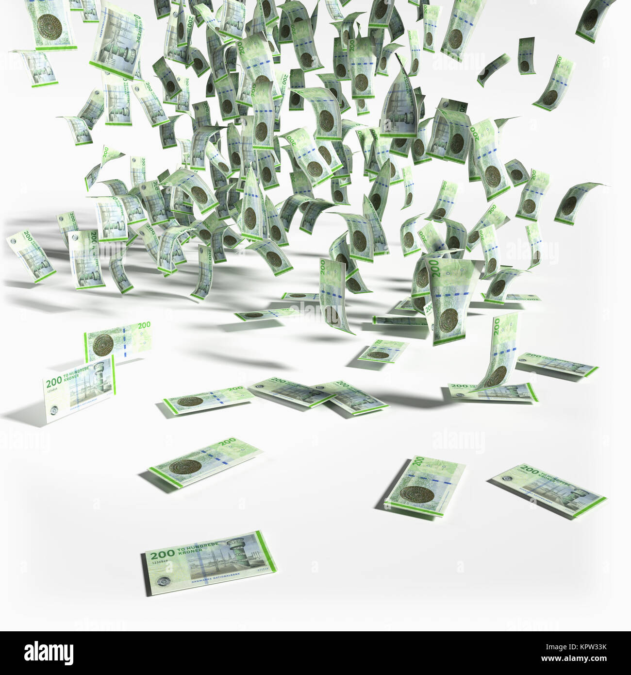money rain from 200 danish kroner bills Stock Photo