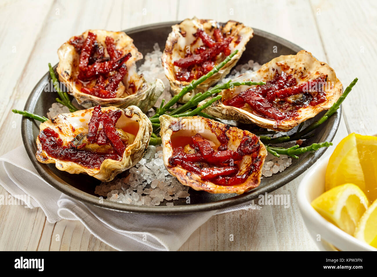 Close Up Still Life View of Plate of Oysters Kilpatrick Prepared with Bacon and Cheese and