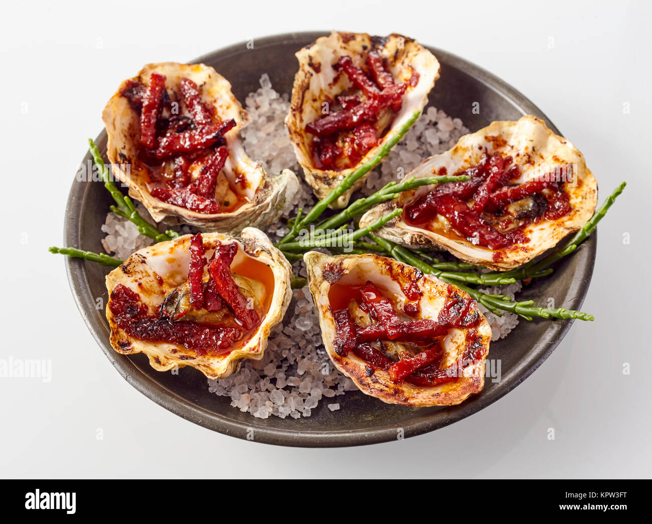 Close Up Still Life View of Plate of Oysters Kilpatrick Prepared with Bacon and Cheese and