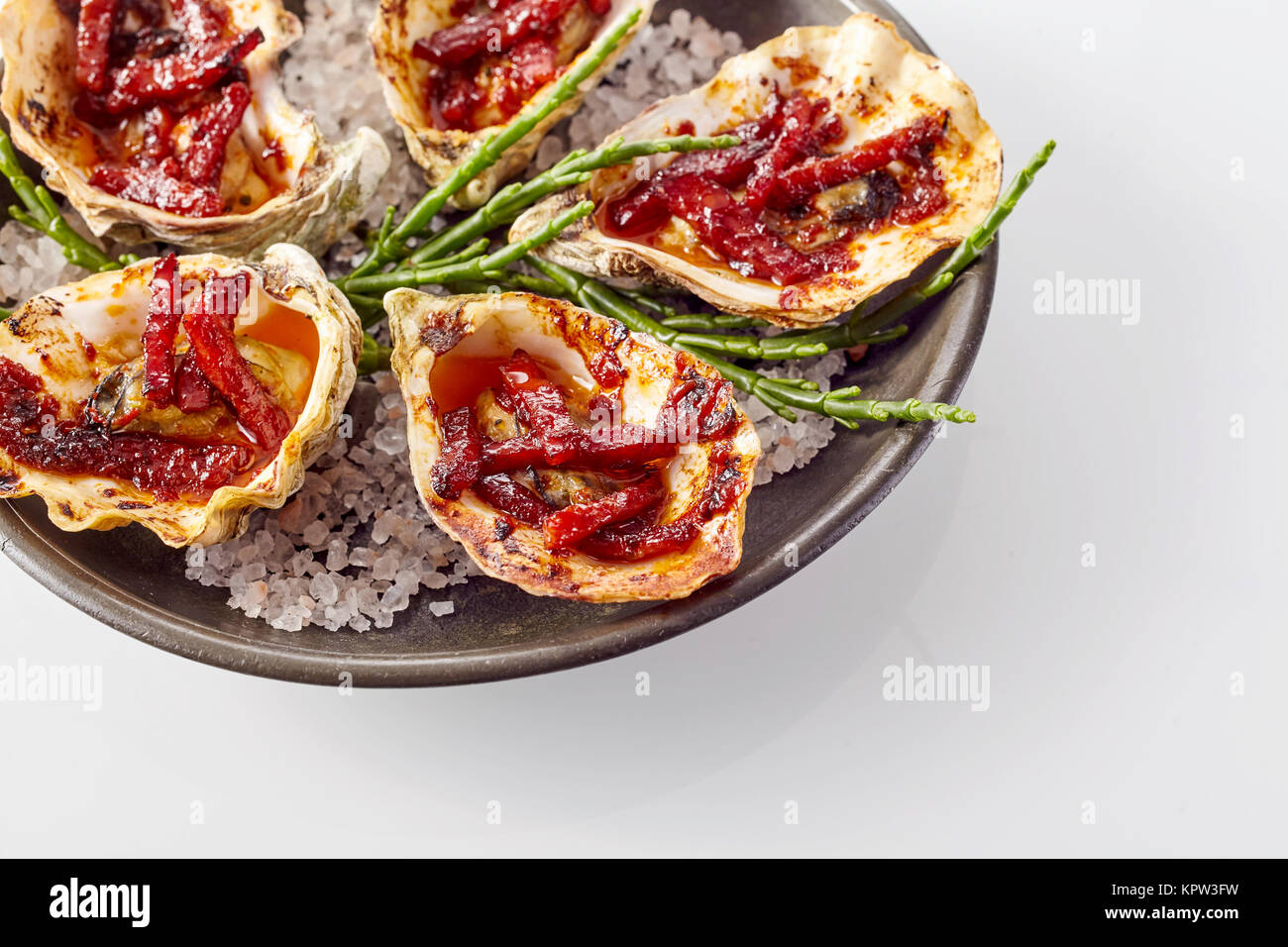 Close Up Still Life View of Plate of Oysters Kilpatrick Prepared with Bacon and Cheese and