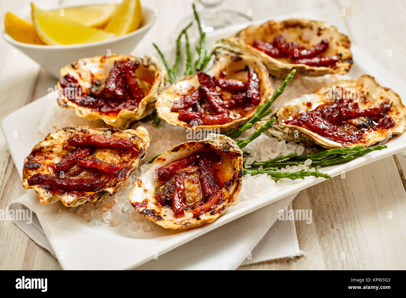 Close Up Still Life View of Platter of Oysters Kilpatrick Prepared with Bacon and Cheese and