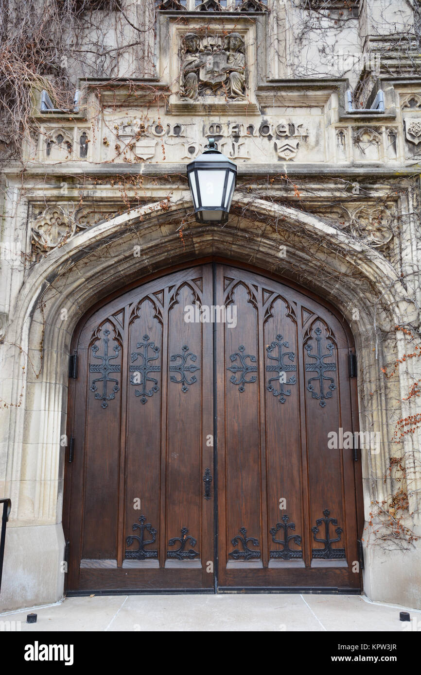 Large heavy double doors to Mandel Hall in Reynolds Club on the University of Chicago campus. Stock Photo