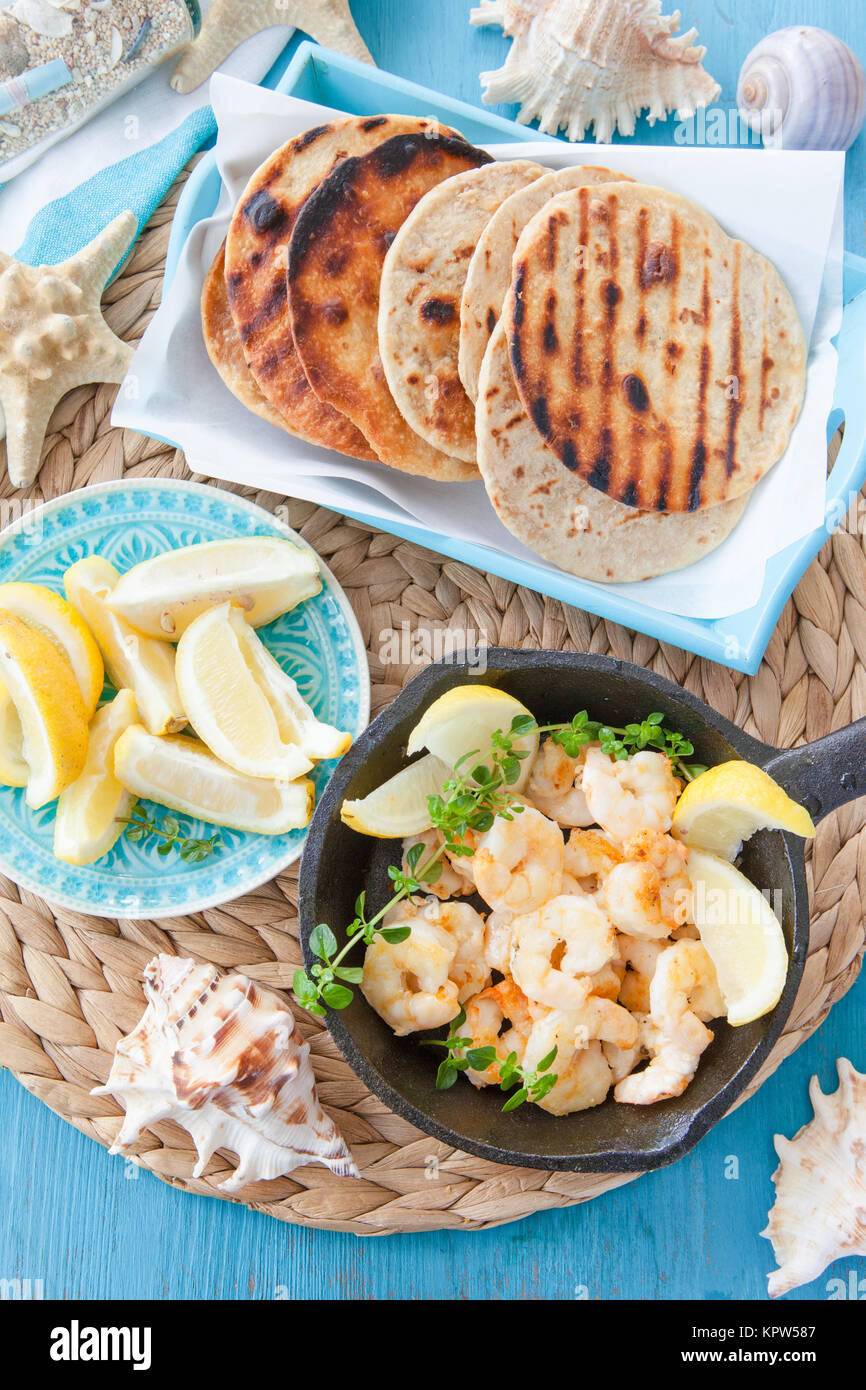 fried shrimp in the iron pan Stock Photo