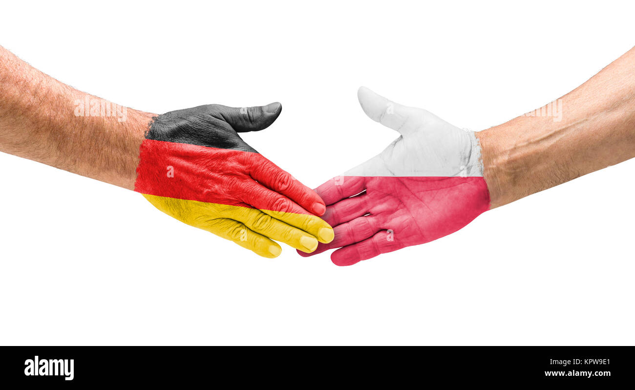 Fußballmannschaften - Handshake zwischen Deutschland und Polen Stock Photo