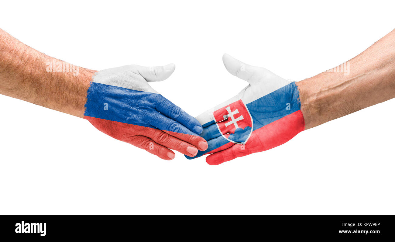 Fußballmannschaften - Handshake zwischen Russland und der Slowakei Stock Photo