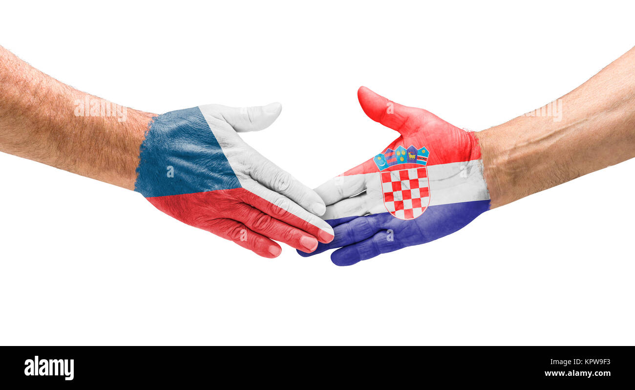 Fußballmannschaften - Handshake zwischen Tschechien und Kroatien Stock Photo