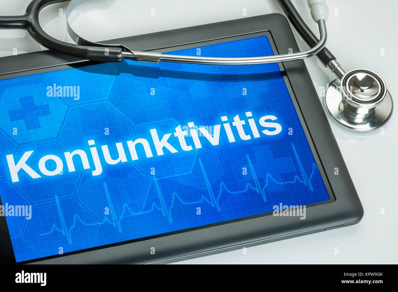 Tablet mit der Diagnose Konjunktivitis auf dem Display Stock Photo