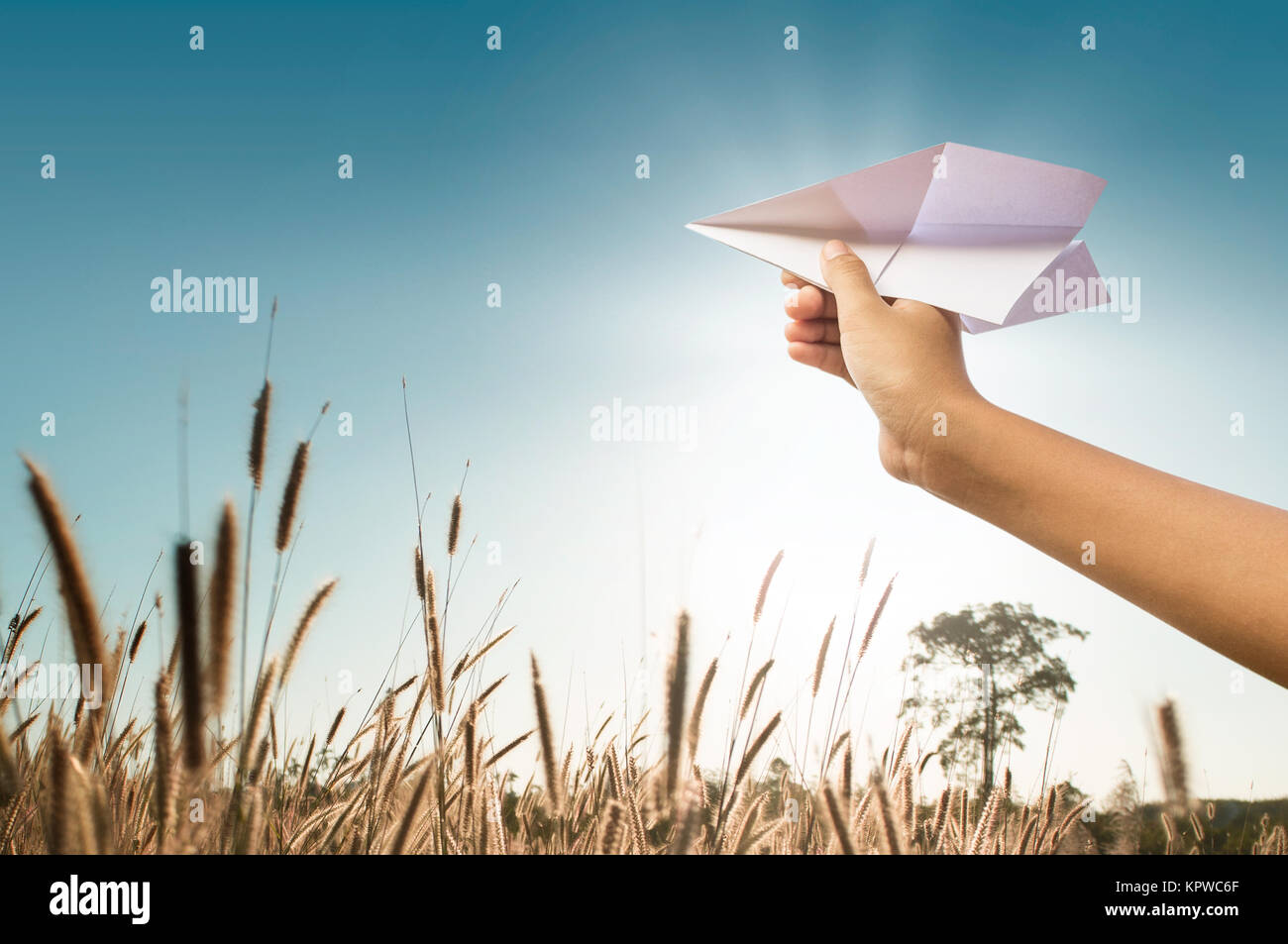 plane paper in children hand, middle in grassland and blue sky Stock Photo