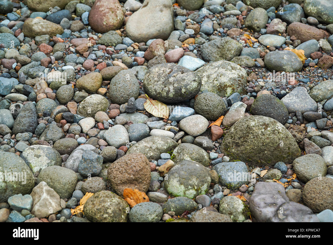 Collection of small rocks and pebbles, rounded in shape. Stock Photo