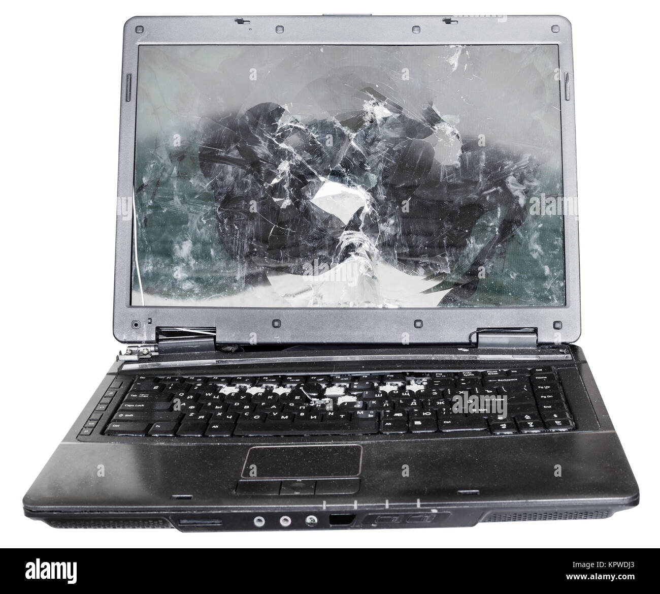 direct view of old broken laptop isolated Stock Photo