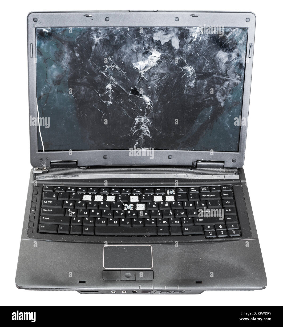 front view of old damaged laptop isolated Stock Photo Alamy