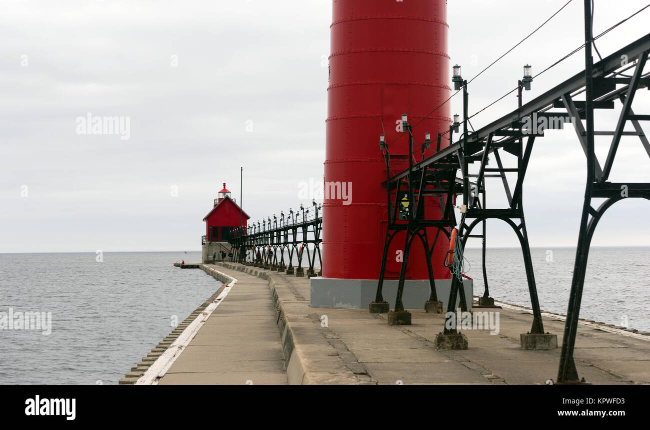 Dual Lighthouses Grand Haven Nautical Markers Lake Michigan Stock Photo