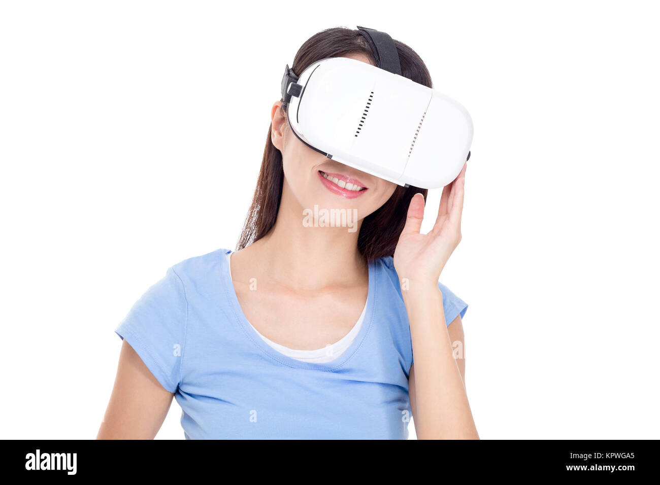 Woman experience though virtual reality device Stock Photo Alamy