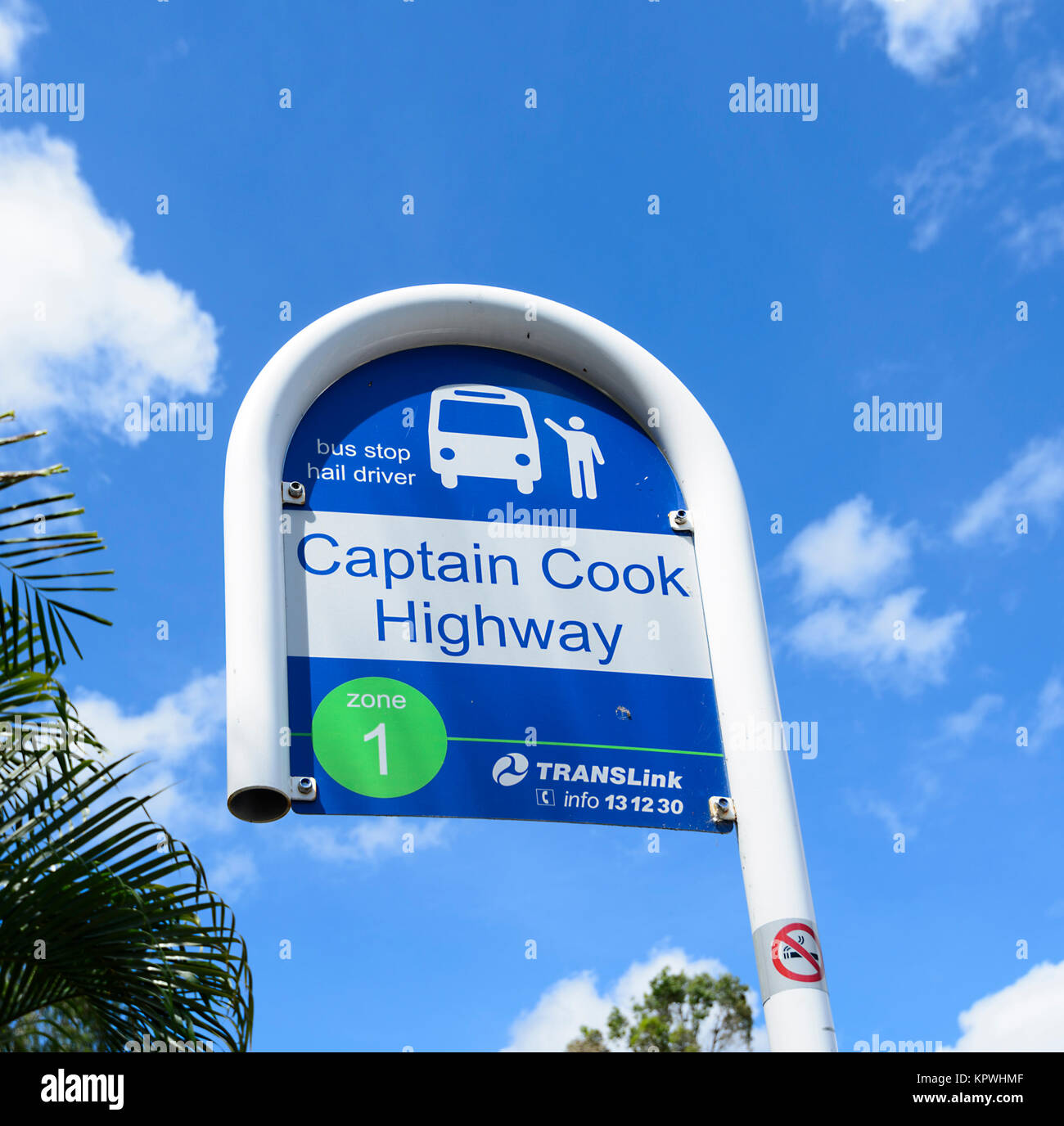 Local bus stop sign at Clifton Beach, a popular Northern Beaches suburb of Cairns, Far North Queensland, FNQ, QLD, Australia Stock Photo