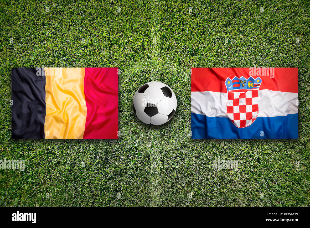 Belgium vs. Croatia flags on soccer field Stock Photo - Alamy