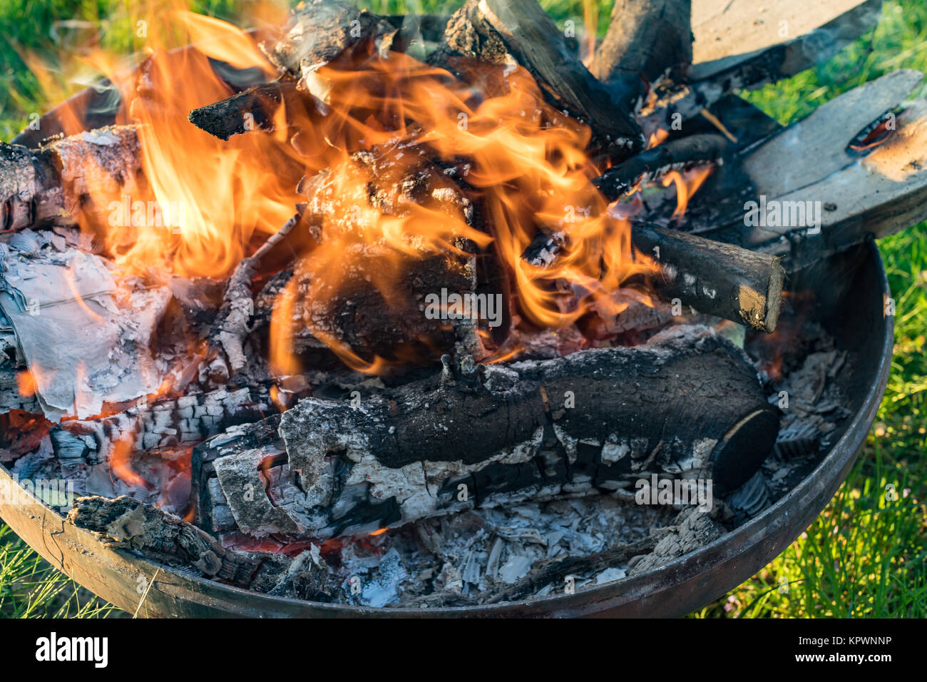 Close-up of the burning embers in the wood fire Stock Photo
