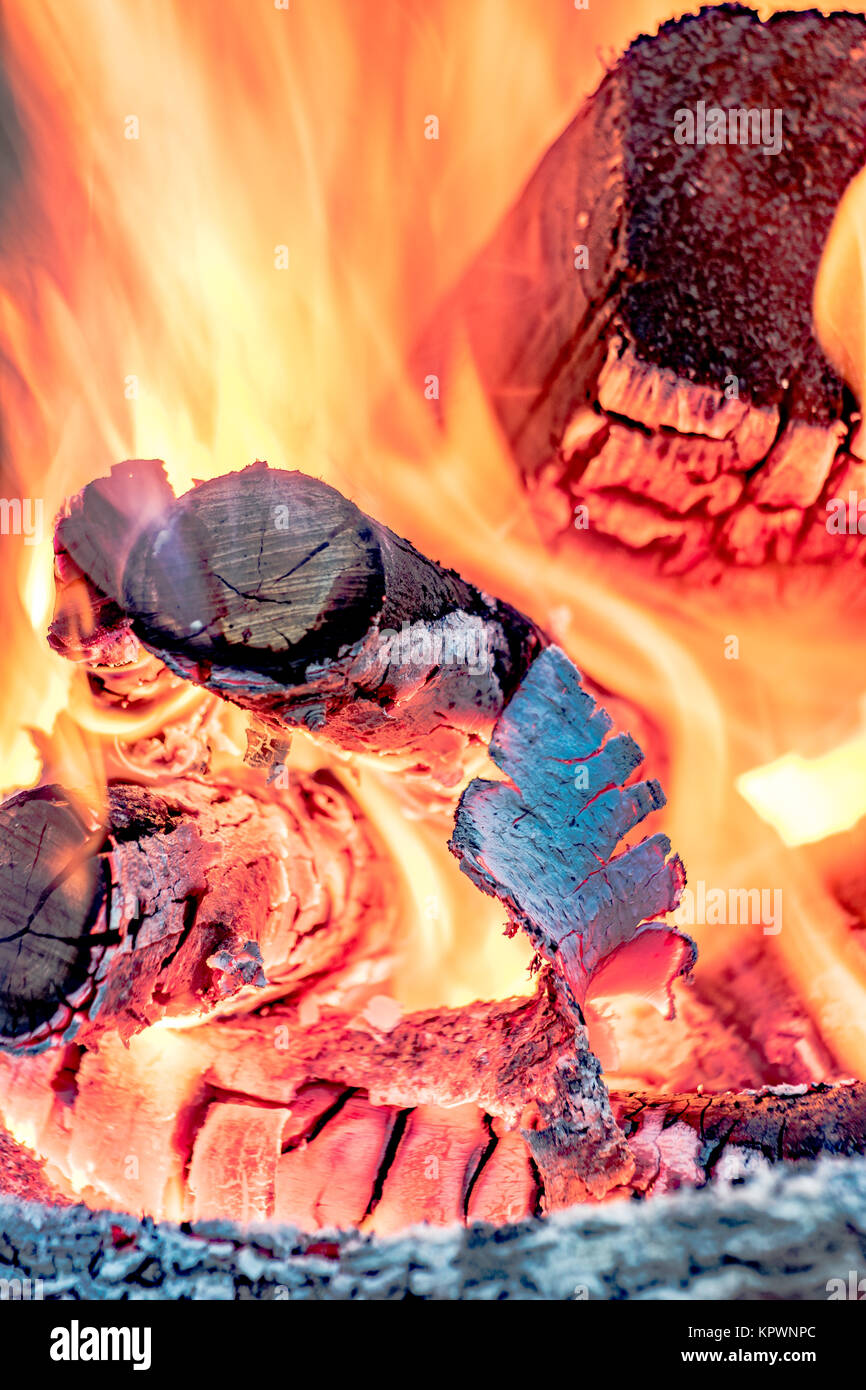Wood fire -burning embers in close-up Stock Photo