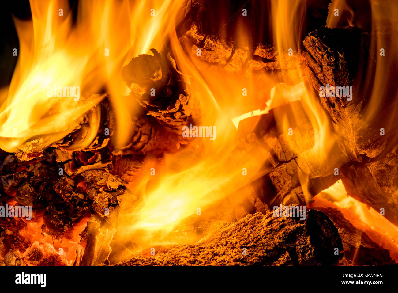 wood fire-burning embers in close-up Stock Photo