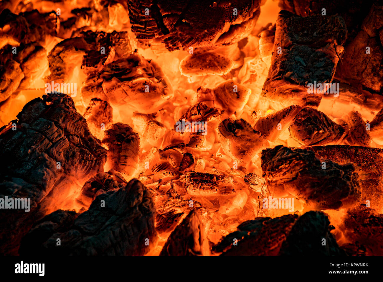 Wood fire -burning embers in close-up Stock Photo