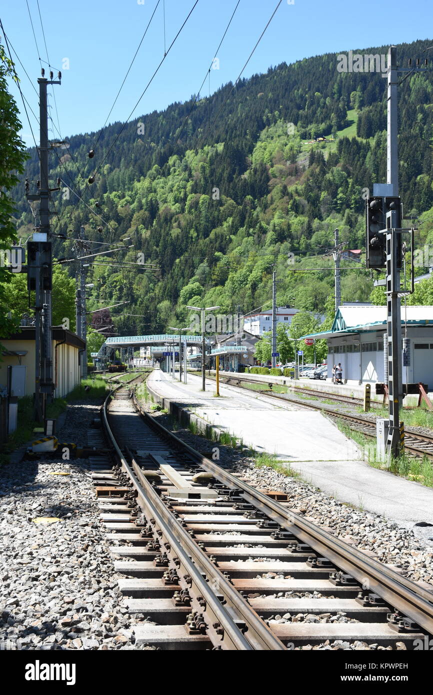 Â railway track,standard gauge,track,railroad,railway,two-lane,electrified,overhead line Stock Photo