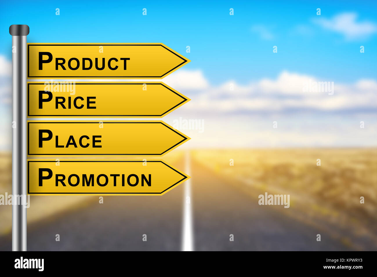 product-price-place-promotion-marketing-concept-words-on-yellow-road