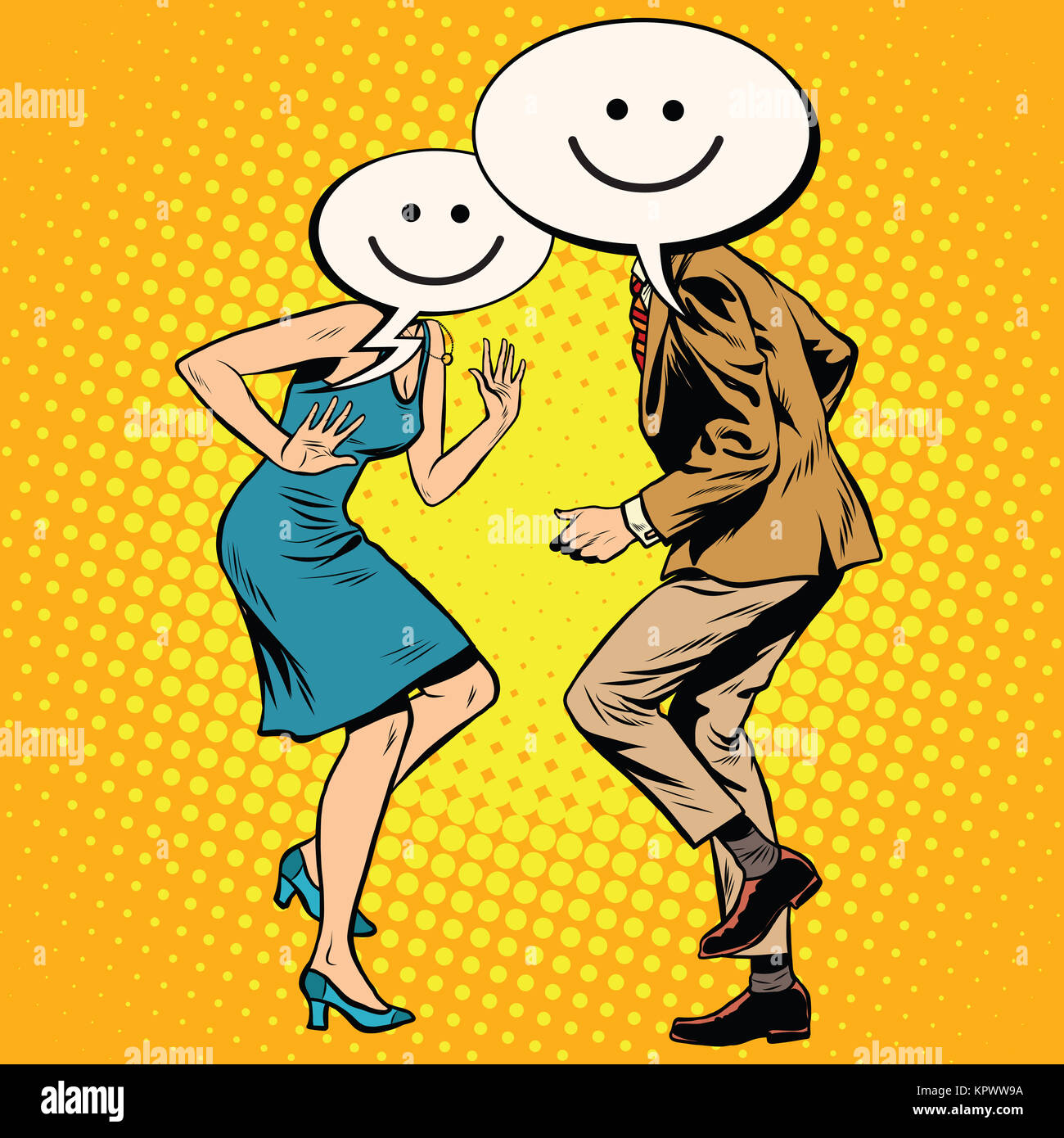 Comic smiley Emoji dancers man woman Stock Photo