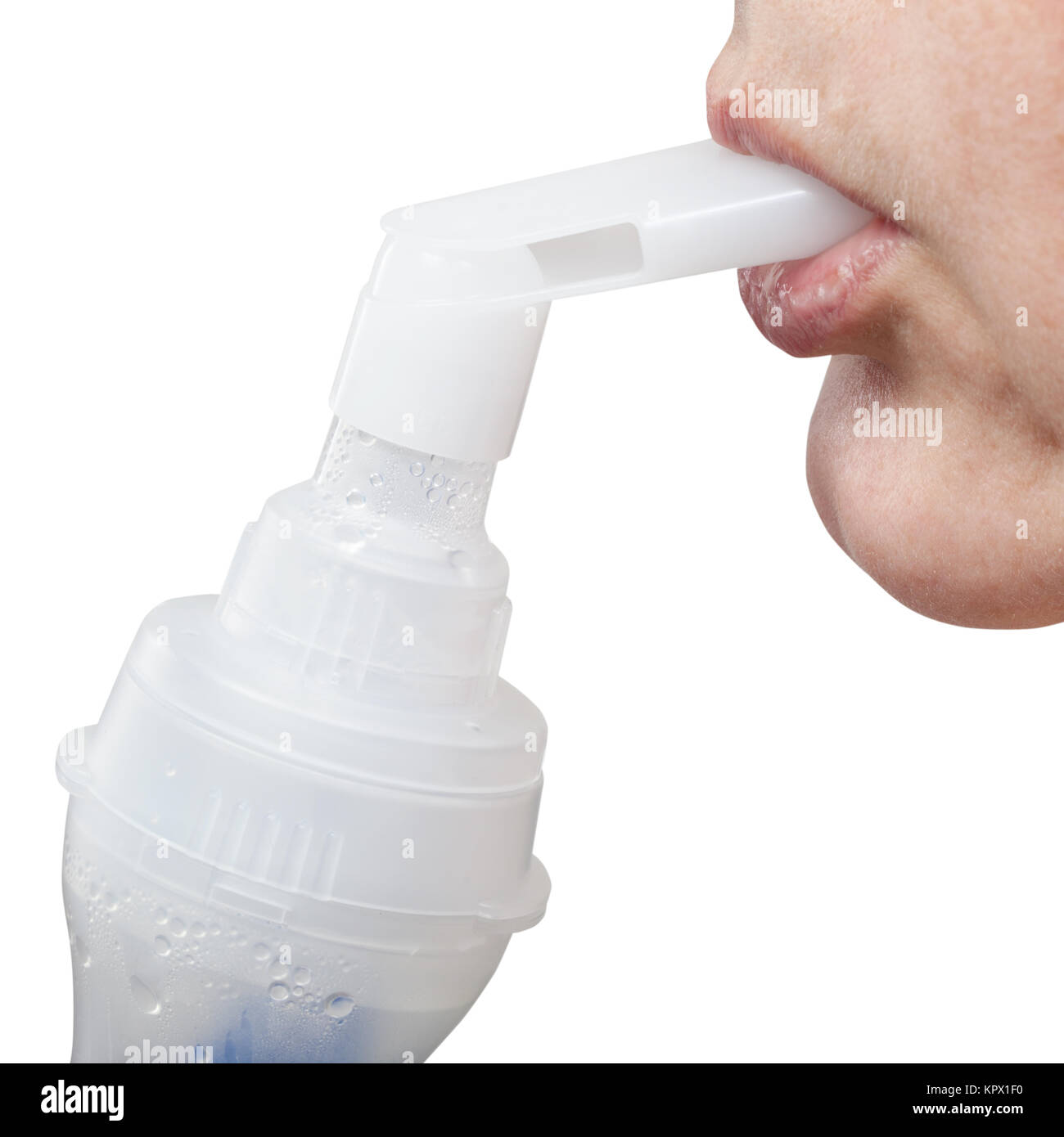 mouthpiece of jet nebulizer in lips of patient Stock Photo Alamy