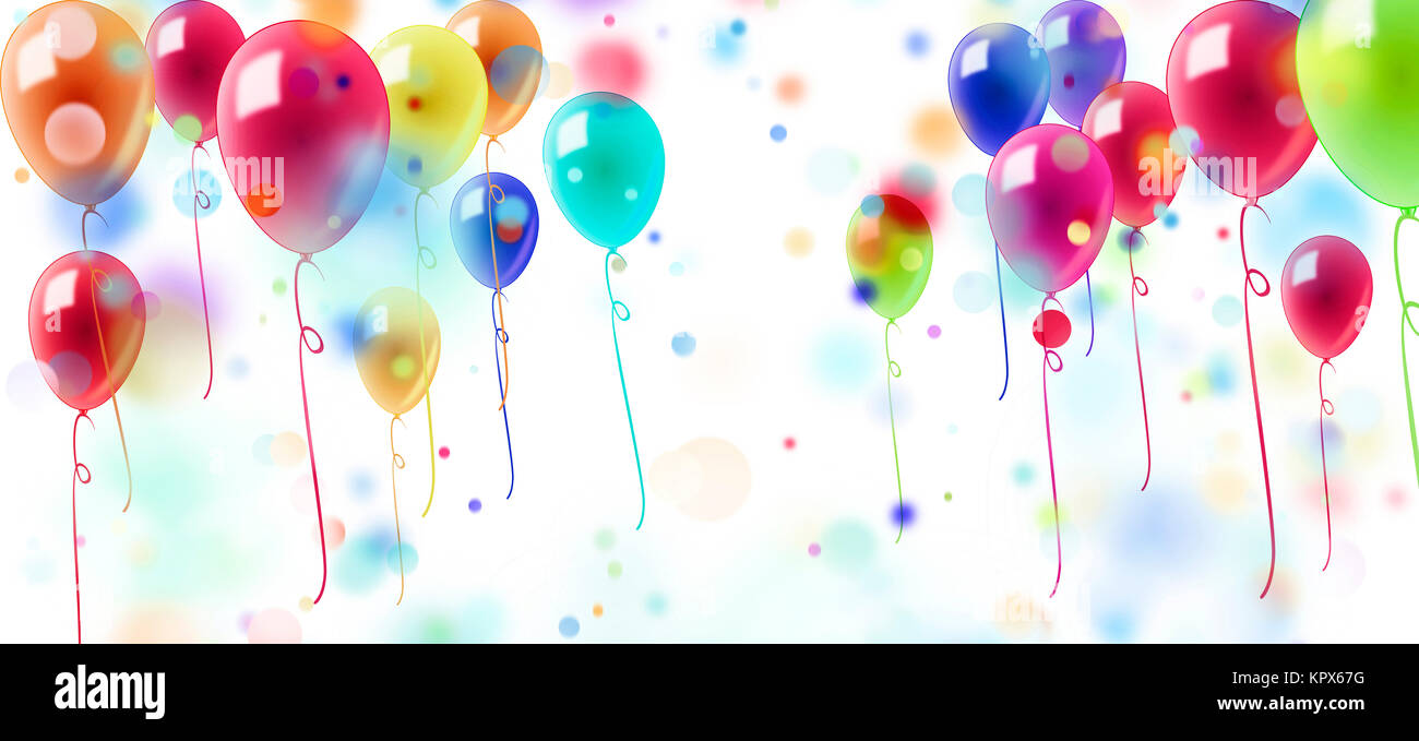 bunte luftballons und konfetti mit partieller bewegungsunschärfe auf weißem hintergrund Stock Photo