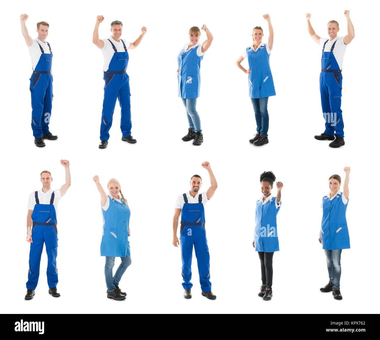 Portrait Of Happy Janitors Standing With Arms Raised Stock Photo Alamy