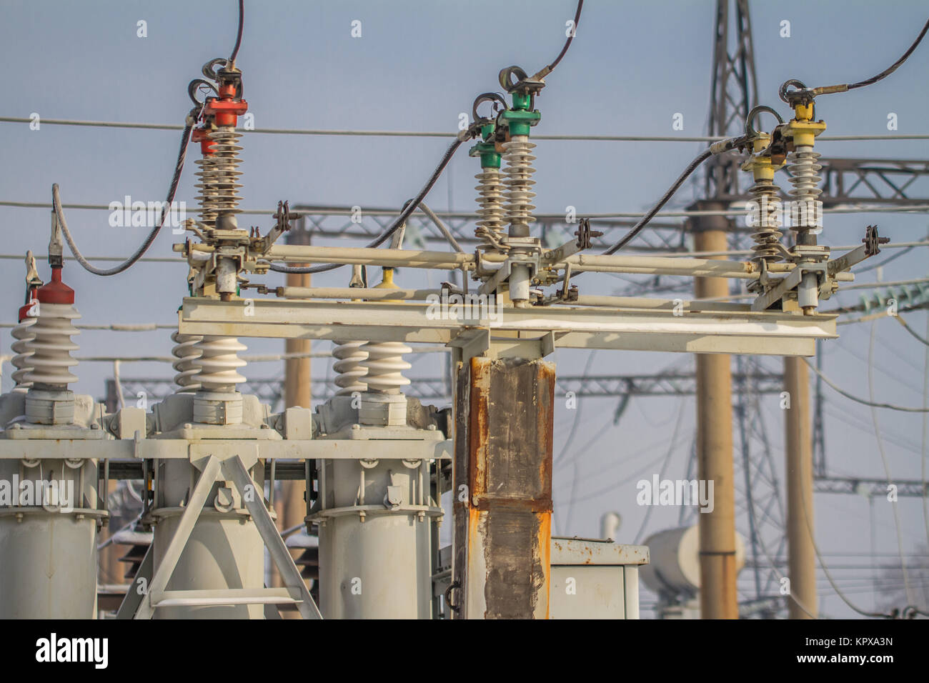 electrical equipment for high voltage substations, insulators Stock Photo