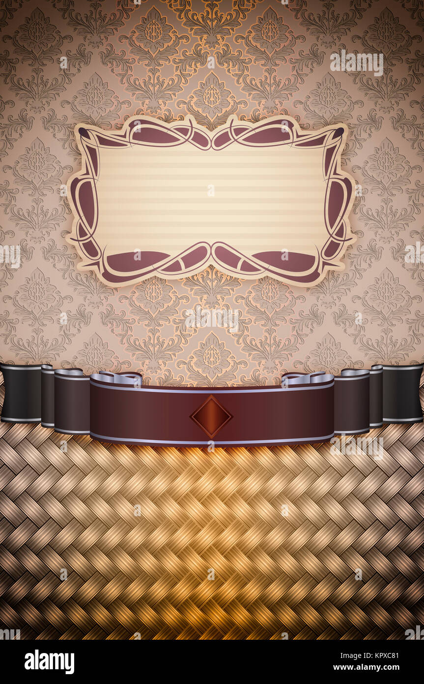 Vintage background with ribbon,old-fashioned frame and ornament Stock