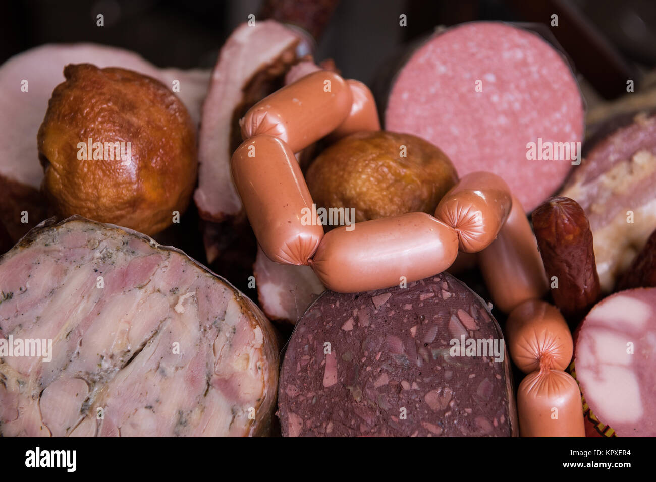 Variety of sausage products Stock Photo Alamy