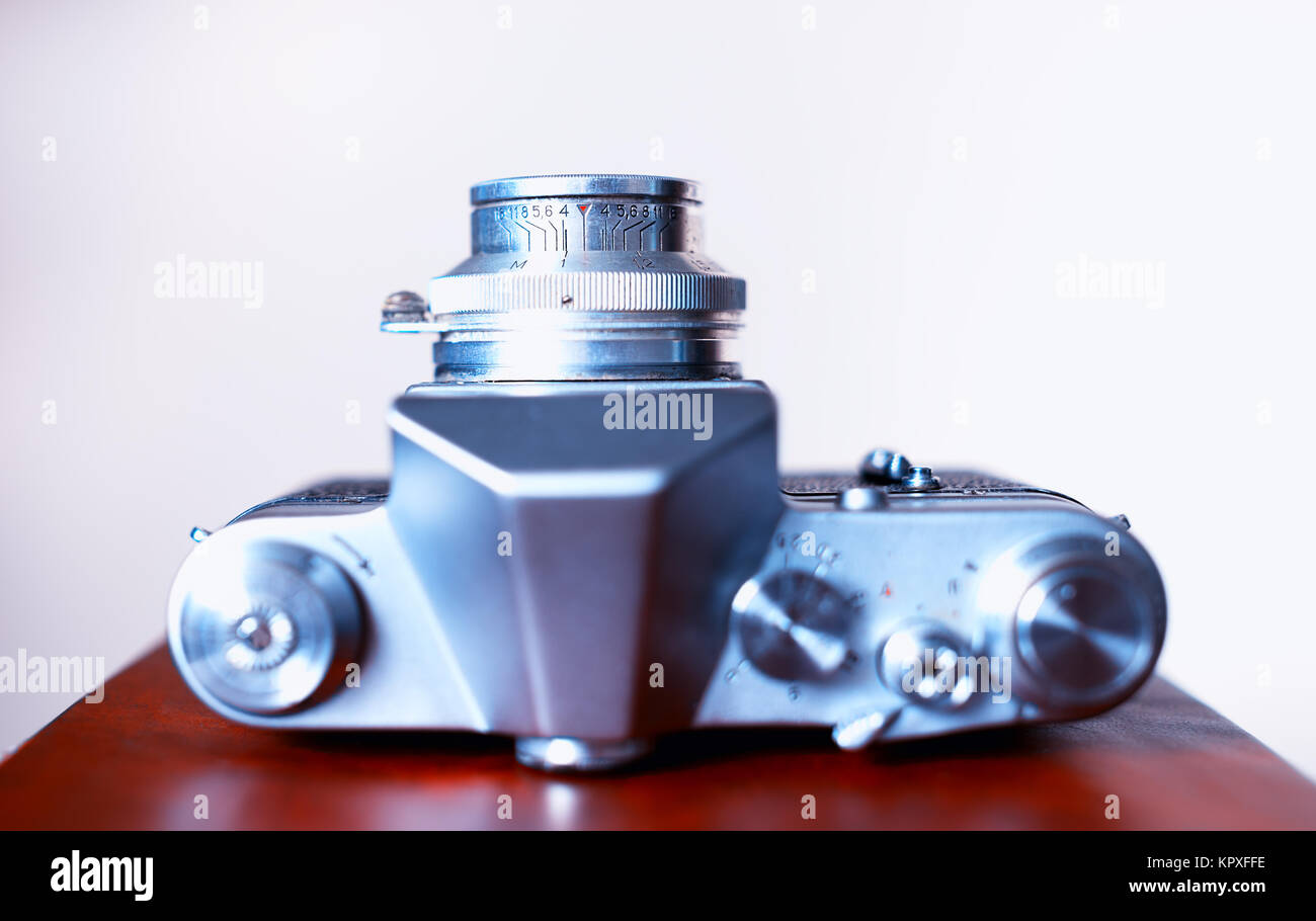 Vintage rangefinder camera view from top bokeh background Stock Photo