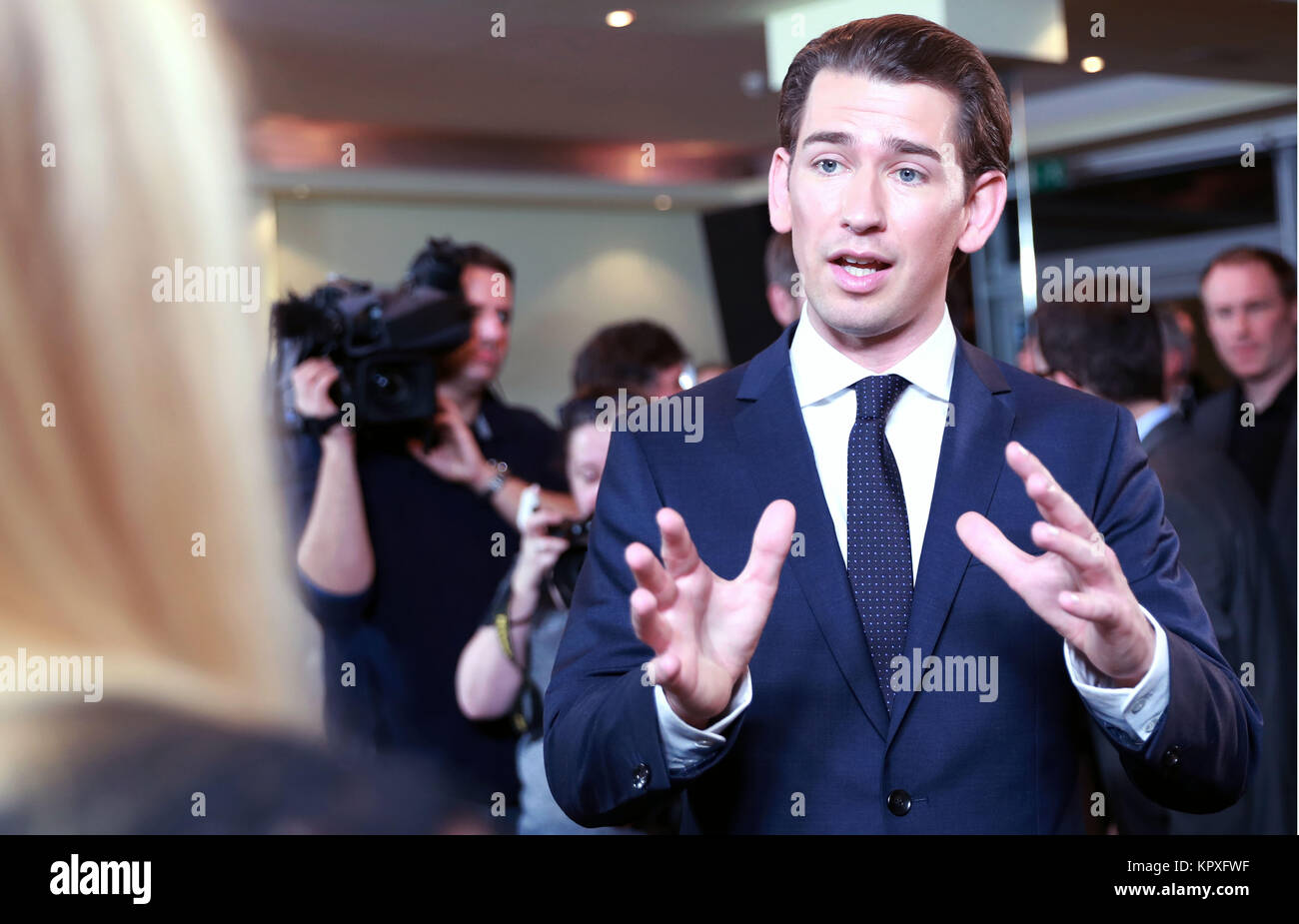 Vienna, Austria. 16th Dec, 2017. Sebastian Kurz, leader of the People's Party, speaks to reporters after a press conference in Vienna, capital of Austria, Dec. 16, 2017. The People's Party and the Freedom Party will form a coalition government for the coming five years. Sebastian Kurz will be the chancellor and Heinz-Christian Strache, leader of the Freedom Party, will be the vice chancellor. Credit: Pan Xu/Xinhua/Alamy Live News Stock Photo