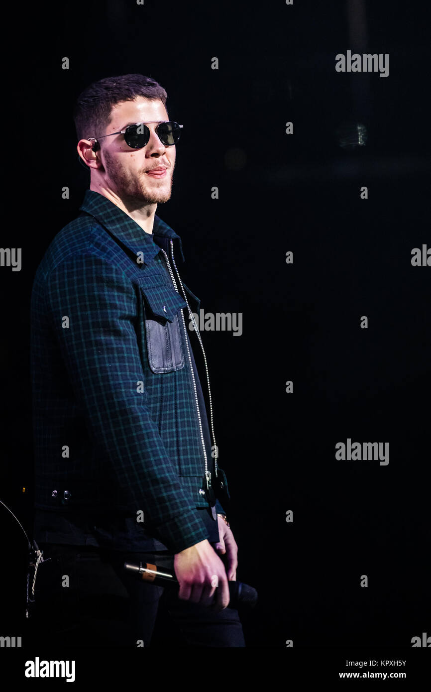 Tampa, USA. 16th Dec, 2017. Nick Jonas performing at 93.3 FLZ's iHeartRadio Jingle Ball on December 16, 2017 at Amalie Arena in Tampa, Florida. Credit: The Photo Access/Alamy Live News Stock Photo