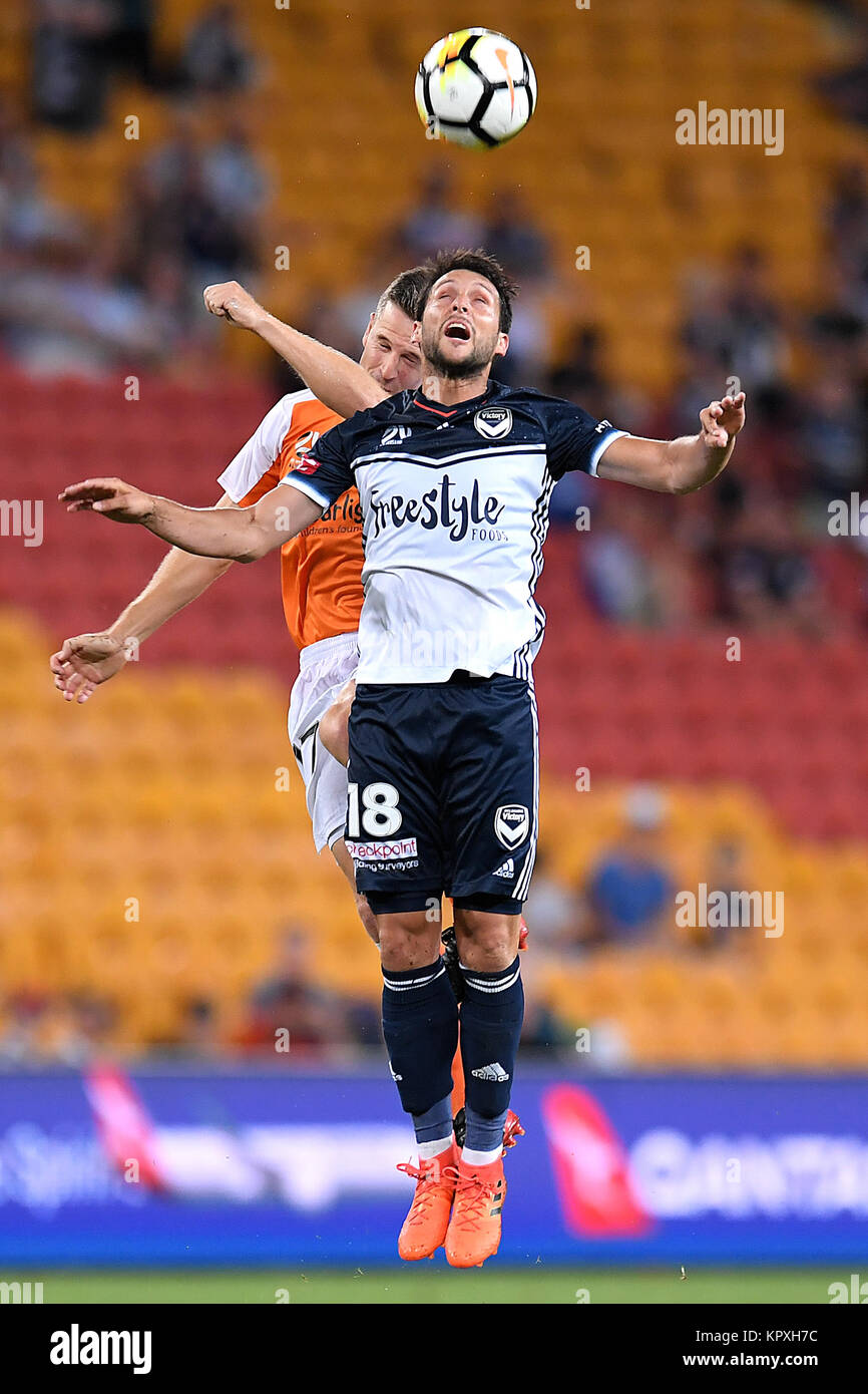 December 17, 2017 - Brisbane, QUEENSLAND, AUSTRALIA - Matias Sanchez of Melbourne Victory (18, right) and Matt McKay of the Roar (17) during the round eleven Hyundai A-League match between the Brisbane Roar and the Melbourne Victory at Suncorp Stadium on Sunday, December 17, 2017 in Brisbane, Australia. (Credit Image: © Albert Perez via ZUMA Wire) Stock Photo