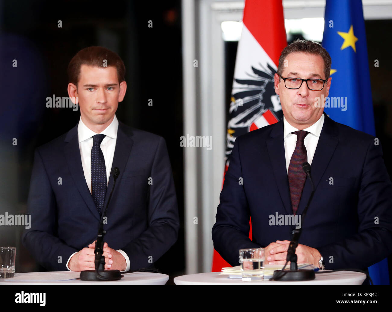 Vienna, Austria. 16th Dec, 2017. Sebastian Kurz (L) of the People's Party and Heinz-Christian Strache of the Freedom Party, who will serve as Austria's chancellor and vice-chancellor respectively, address the media at a joint press conference in Kahlenberg in Vienna, Austria, Dec. 16, 2017. The leaders of the two parties that will form Austria's next coalition government have presented the program for their upcoming five-year term in office to the media on Saturday. Credit: Pan Xu/Xinhua/Alamy Live News Stock Photo