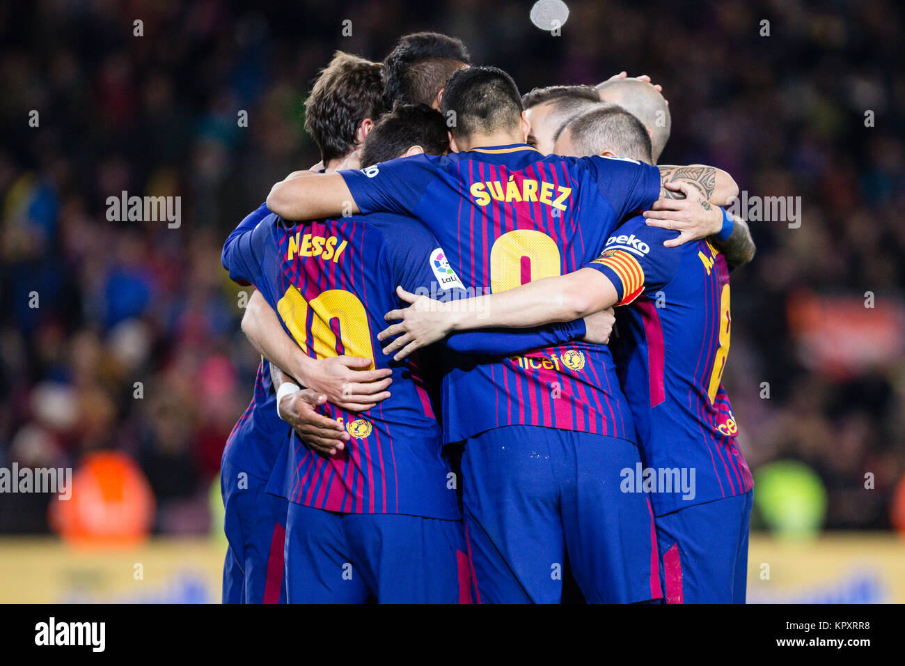 Barcelona, Spain. 17th Dec, 2017. SPAIN - 17th of December: Barcelona forward Luis Suarez (9) with his teammates of FC Barcelona celebrates after scoring the goal during the match between FC Barcelona against Deportivo Coruna, for the round 16 of the Liga Santander, played at Camp Nou Stadium on 17th December 2017 in Barcelona, Spain. (Credit: GTO/Urbanandsport/Gtres Online) Credit: Gtres Información más Comuniación on line, S.L./Alamy Live News Stock Photo