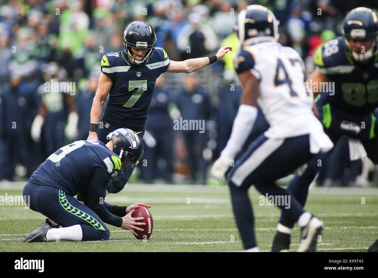 Seattle, WA, USA. 17th Dec, 2017. Seattle Seahawks kicker Blair Walsh (7) kicks an extra point during a game between the Los Angeles Rams and Seattle Seahawks at CenturyLink Field in Seattle, WA. The Rams won 42-7. Sean Brown/CSM/Alamy Live News Stock Photo