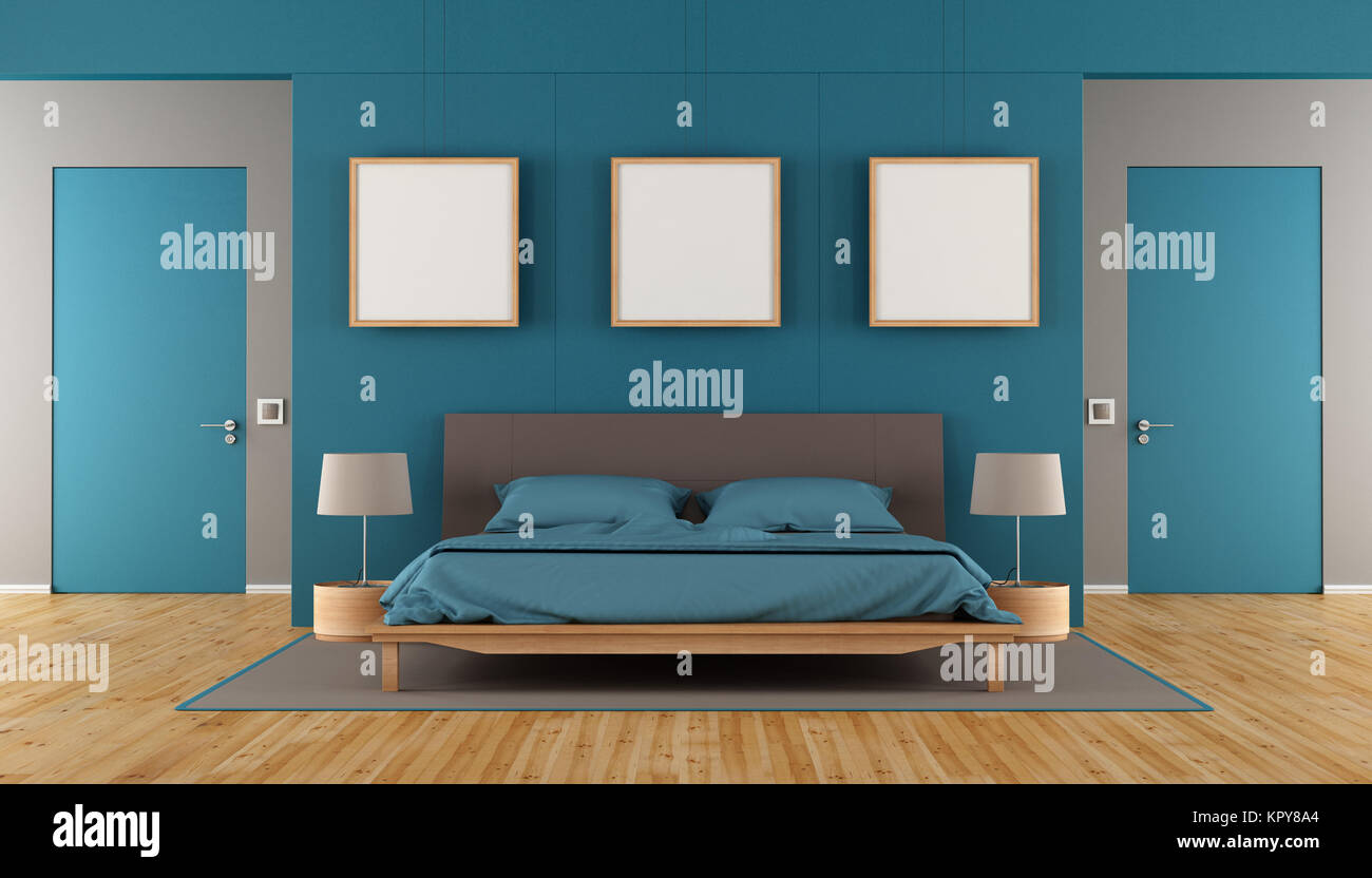 Blue and brown modern bedroom Stock Photo - Alamy