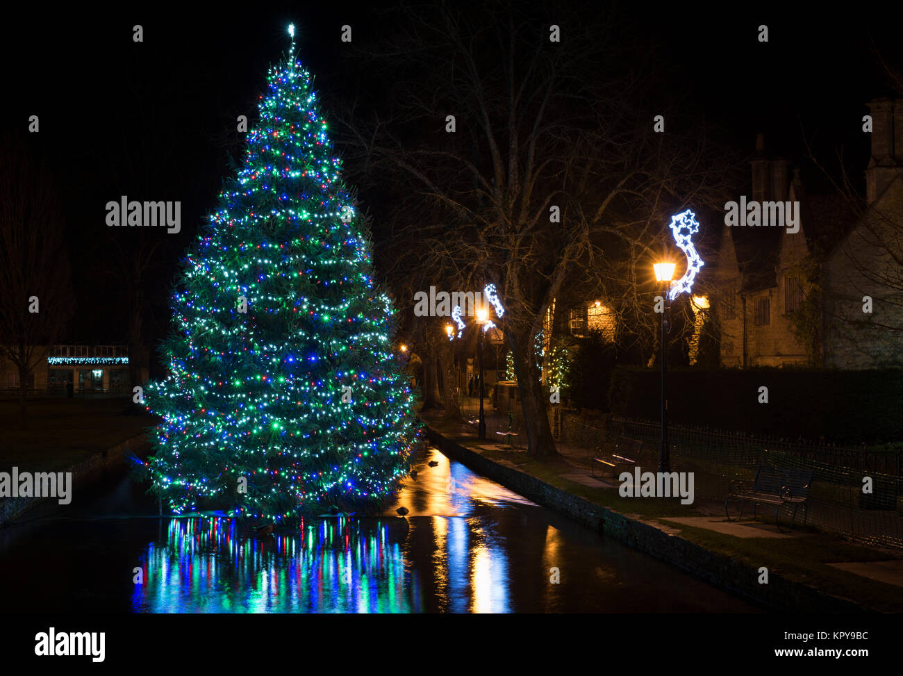 Christmas tree lights at night in Bourton on the Water, Cotswolds