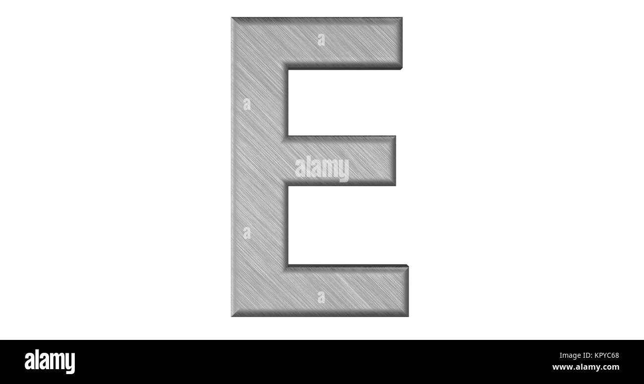 The 3d rendering of the letter E in brushed metal on a white isolated background Stock Photo