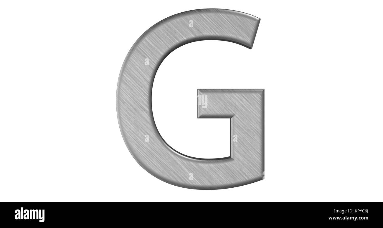 The 3d rendering of the letter G in brushed metal on a white isolated ...