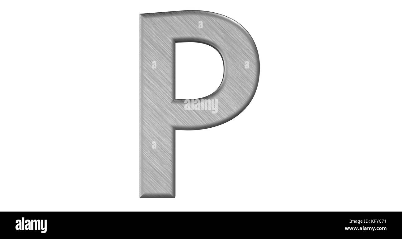 The 3d rendering of the letter P in brushed metal on a white isolated ...