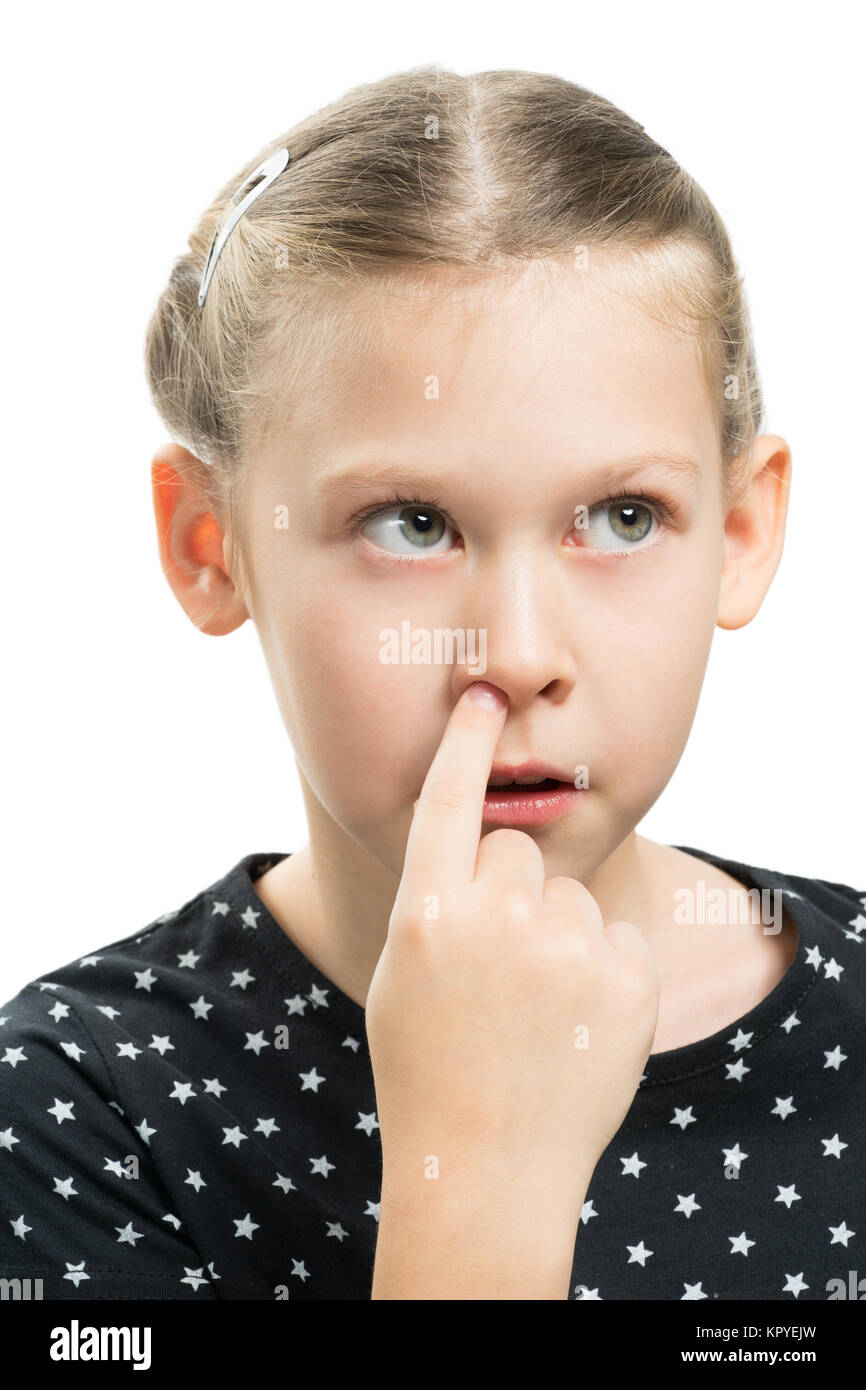 Girl finger in nose, on a white background isolated Stock Photo