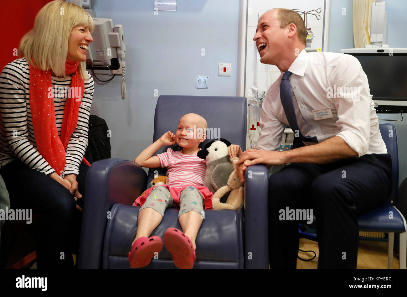Review of the Year 2017: May: The Duke of Cambridge meets patient Daisy Wood, 6 and her mother Katie, during a visit to the Royal Marsden NHS Foundation Trust in Sutton, Surrey, marking 10 years since he became president of the centre. Stock Photo