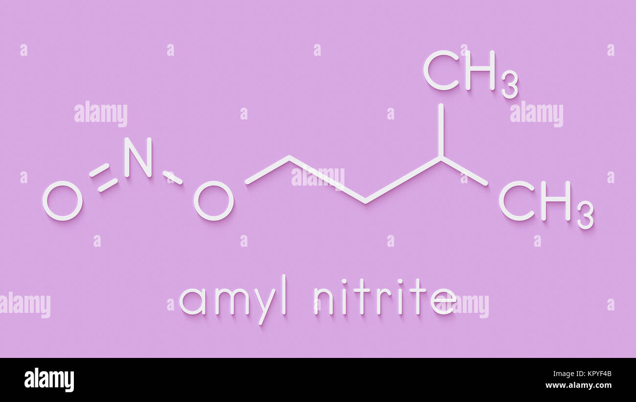 Amyl nitrite popper drug molecule. Also used as antidote to cyanide poisoning. Skeletal formula. Stock Photo
